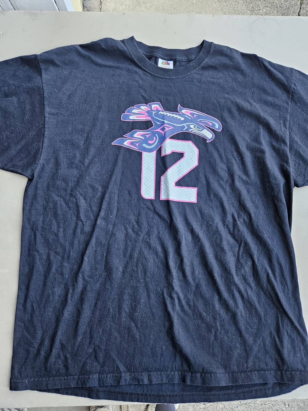 Fruit of the Loom Black Tee with Pink and Light Blue Graphic